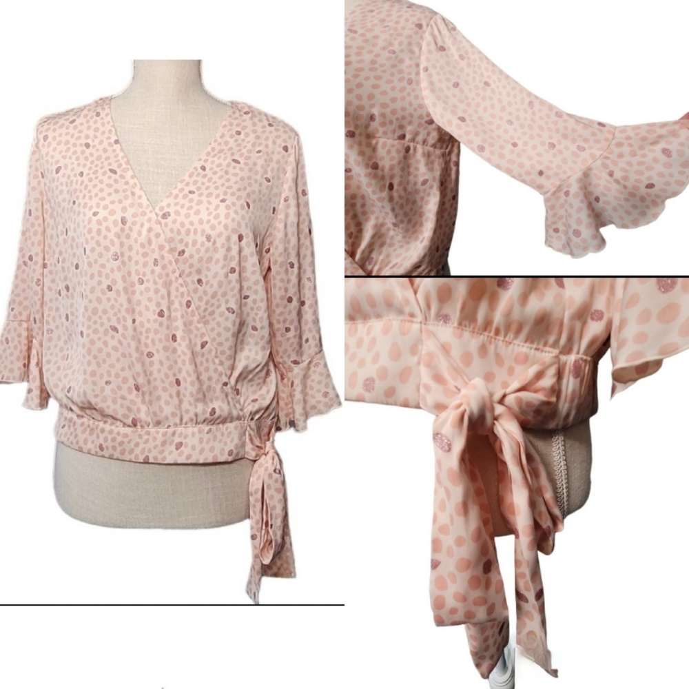 Lauren Conrad Flutter Faux Wrap Polka dot blouse pink Size S EUC